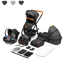 Lionelo Amber Coche de bebé multifuncional 3 en 1 Conjunto silla de paseo con el Asiento de Cubo e Capazo Manillar regulable Bolsa Mosquitero Protector de lluvia Asiento de coche (Gris oscuro)