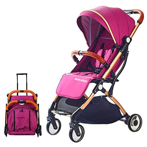 SONARIN Silla de paseo Ligera y Compacta,cochecito de portátil,plegable con una mano,arnés de cinco puntos,Ruedas mejoradas,ideal para Avión(Púrpura)