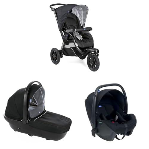 Chicco Trio Activ3, silla de paseo con 3 ruedas, con Capazo grande y acolchado y silla de coche Chicco Kory Essential i-Size para recién nacidos, Negro
