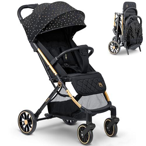Nukido Silla De Paseo para Bebé con Bolsa De Transporte 0-36 Meses 0-15 kg Plegado Automático En 2 Segundos Ruedas De 360º con Amortiguación Grandes Ruedas Todoterreno Negro Oro Paseo