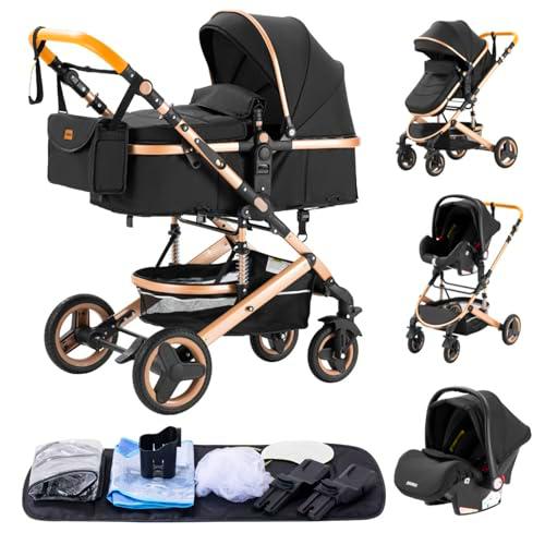 YAZOCO carrito bebe 3 en 1, Cochecito de Bebé Combinado Compacto Todoterreno Lujoso Paisaje Alto Cuatro Veces 0-36 Kg Sillas de paseo BastóN Plegable Accesorios CóModos (2 Negro)